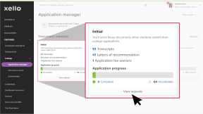 College applications page in Xello. The tile called "Initial" is highlighted. The cursor is clicking View requests to open the list of requests filtered by initial college application documents
